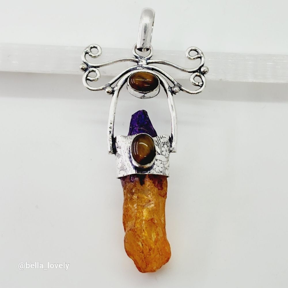 Unique! Bi-Color Tourmaline Tiger Eye Ethnic Handmade Pendant Jewelry 3" - Picture 2 of 6